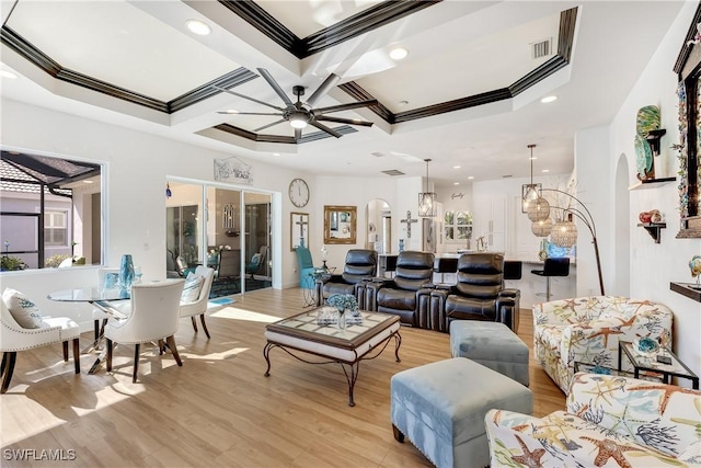 living room featuring beam ceiling, crown molding, ceiling fan, and coffered ceiling