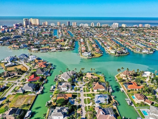 drone / aerial view with a water view