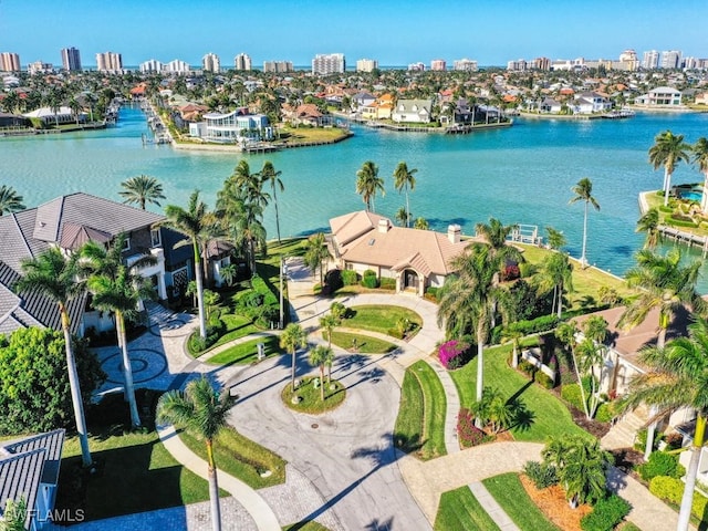 aerial view featuring a water view