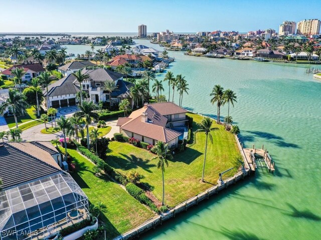 drone / aerial view featuring a water view