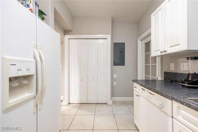 kitchen with white cabinetry, light tile patterned floors, white appliances, and electric panel