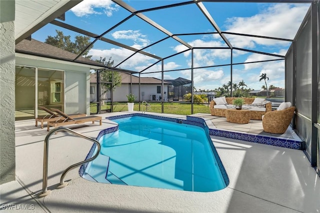 view of swimming pool with a lawn, glass enclosure, and a patio