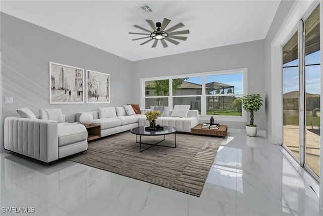 living room with ceiling fan