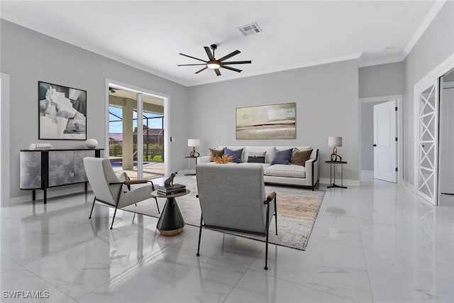 living room featuring ceiling fan and ornamental molding