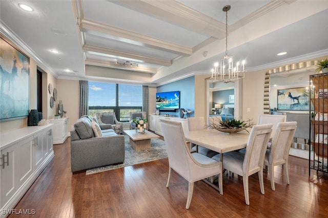 dining area with a chandelier, crown molding, beamed ceiling, and dark wood-type flooring