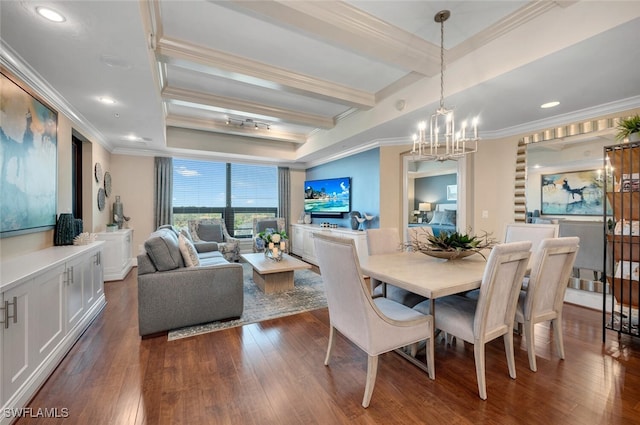 dining area featuring crown molding, a chandelier, dark wood-style floors, and recessed lighting