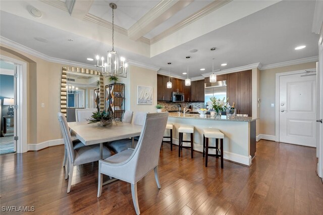 dining room featuring beam ceiling, crown molding, a chandelier, and dark hardwood / wood-style flooring