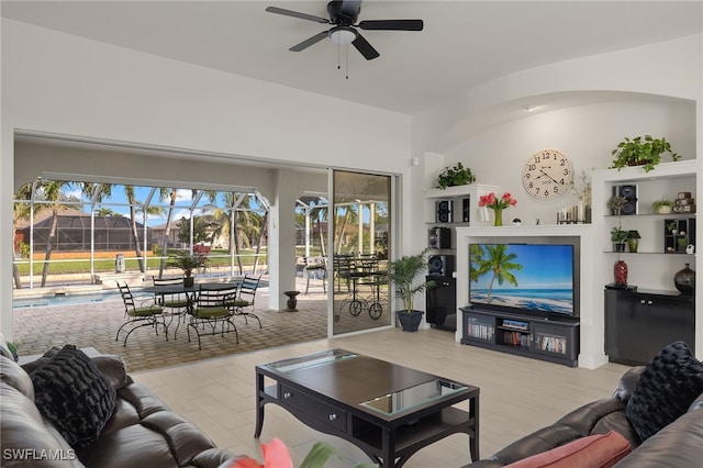 living room featuring ceiling fan