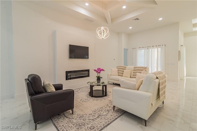 living room with coffered ceiling, beamed ceiling, a high ceiling, and an inviting chandelier