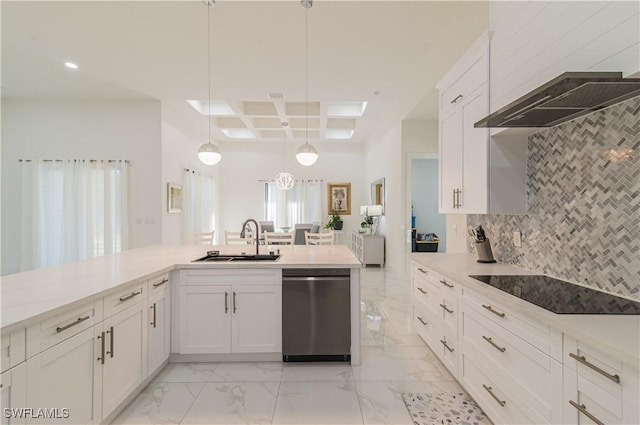 kitchen featuring sink, coffered ceiling, stainless steel dishwasher, pendant lighting, and white cabinets