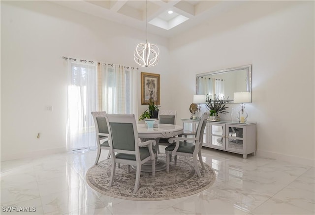 dining room with beam ceiling, coffered ceiling, and a notable chandelier