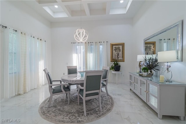 dining area featuring beamed ceiling, coffered ceiling, and a notable chandelier