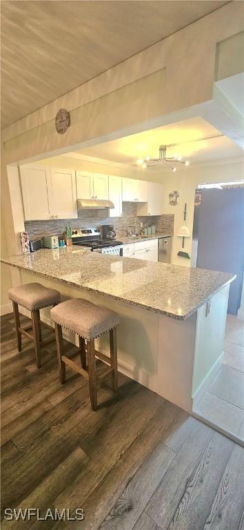 kitchen with a kitchen breakfast bar, kitchen peninsula, white cabinetry, and stainless steel appliances