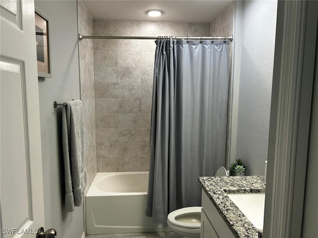 full bathroom featuring vanity, toilet, and shower / tub combo with curtain