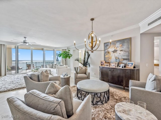 living room featuring a water view, ornamental molding, ceiling fan with notable chandelier, and a wall of windows