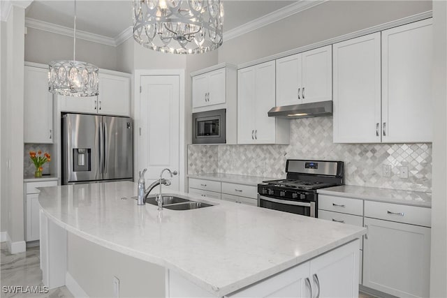 kitchen featuring appliances with stainless steel finishes, sink, a kitchen island with sink, and white cabinets