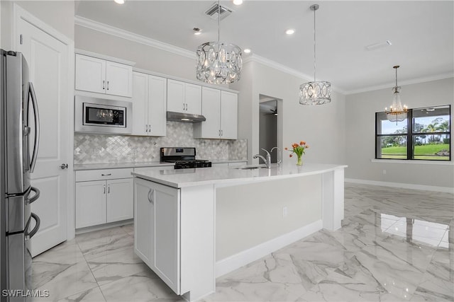 kitchen featuring white cabinetry, hanging light fixtures, a center island with sink, and appliances with stainless steel finishes