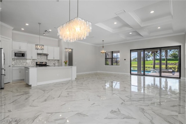 kitchen featuring white cabinets, a chandelier, coffered ceiling, a kitchen island with sink, and stainless steel appliances