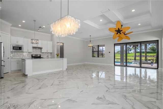 kitchen with white cabinetry, stainless steel appliances, coffered ceiling, a center island with sink, and decorative light fixtures