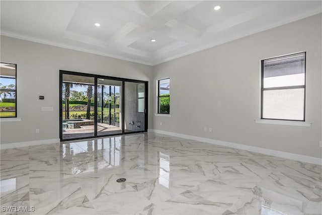 spare room featuring beamed ceiling, crown molding, coffered ceiling, and a wealth of natural light