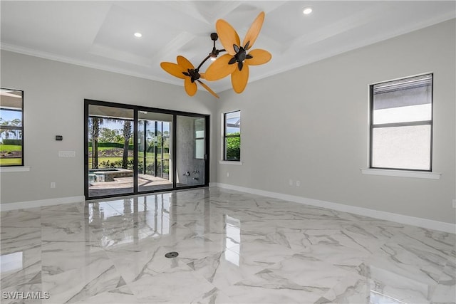 spare room with crown molding, ceiling fan, coffered ceiling, and a wealth of natural light