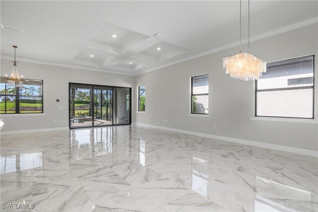 empty room with crown molding, coffered ceiling, and an inviting chandelier