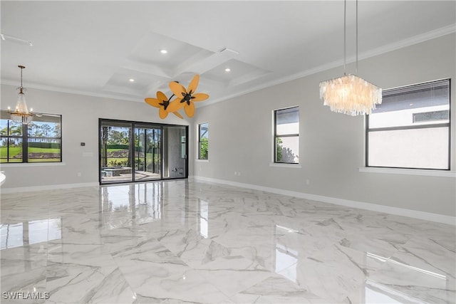 empty room with coffered ceiling, crown molding, beamed ceiling, and a chandelier