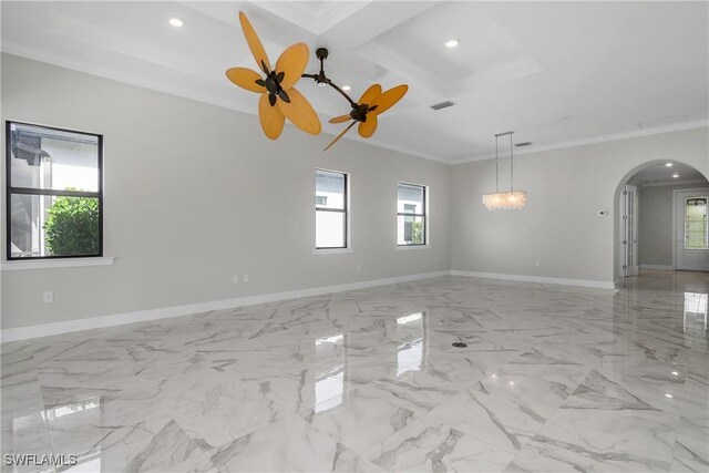 empty room featuring beamed ceiling, ornamental molding, coffered ceiling, and ceiling fan