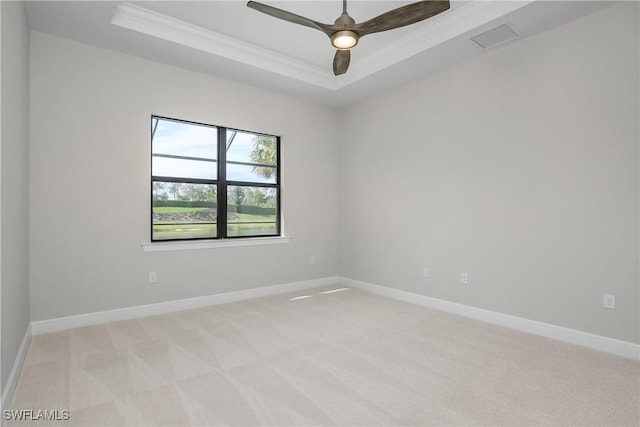 spare room featuring crown molding, light colored carpet, and a raised ceiling