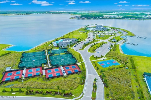 drone / aerial view featuring a water view