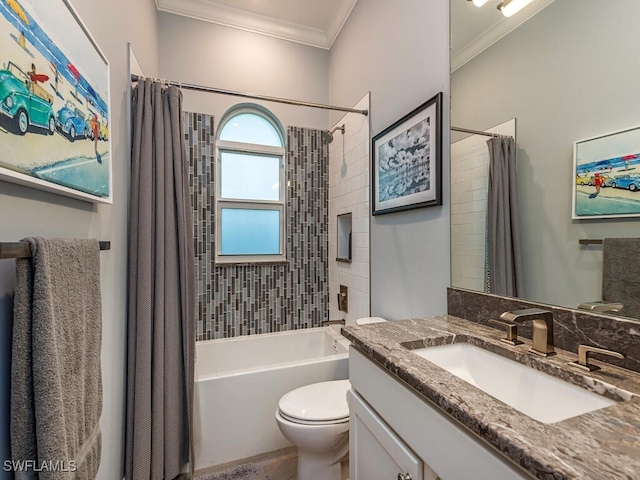 full bathroom featuring vanity, toilet, shower / bathtub combination with curtain, and ornamental molding