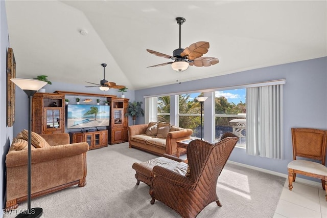 living room with light carpet, ceiling fan, and lofted ceiling