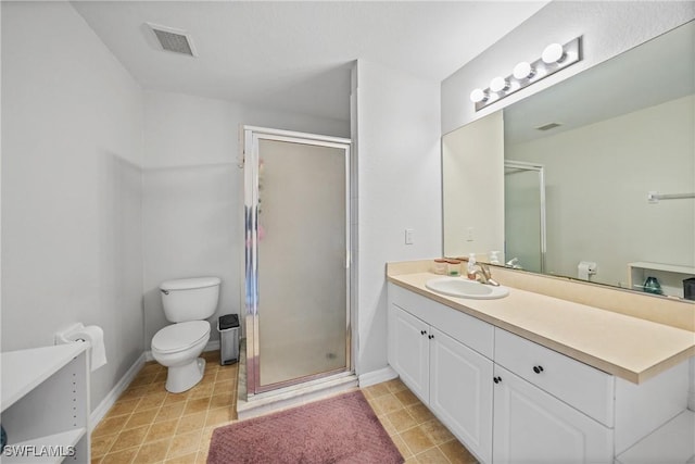 bathroom featuring a shower stall, toilet, and visible vents