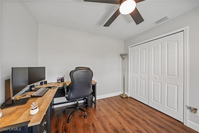 office featuring visible vents, a ceiling fan, baseboards, and wood finished floors