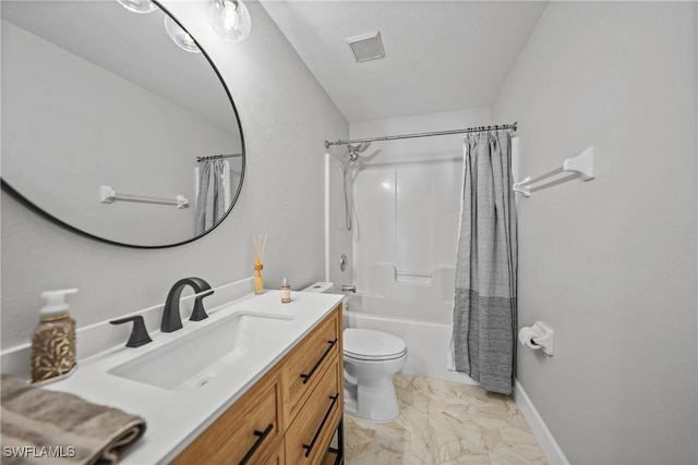 full bathroom featuring visible vents, toilet, shower / tub combo with curtain, marble finish floor, and vanity