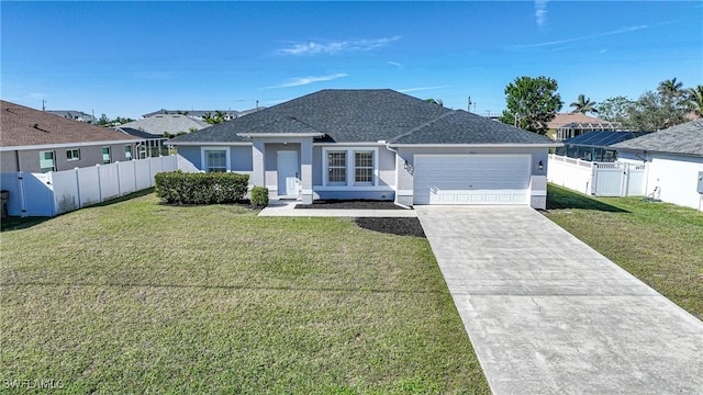 single story home with stucco siding, an attached garage, a front yard, and fence