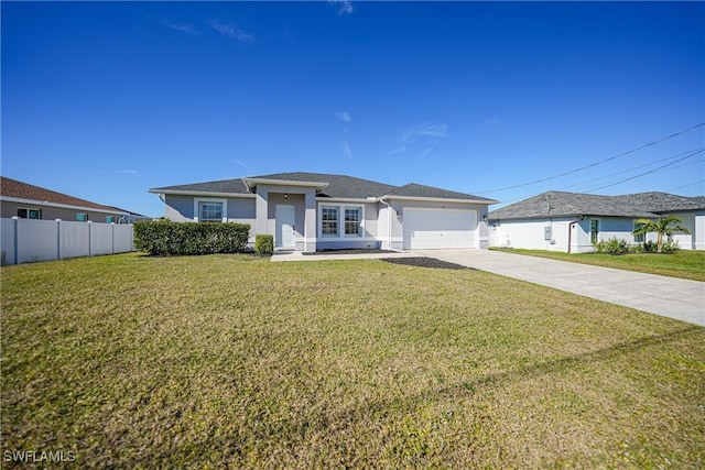 view of front of property featuring stucco siding, concrete driveway, a front lawn, and fence