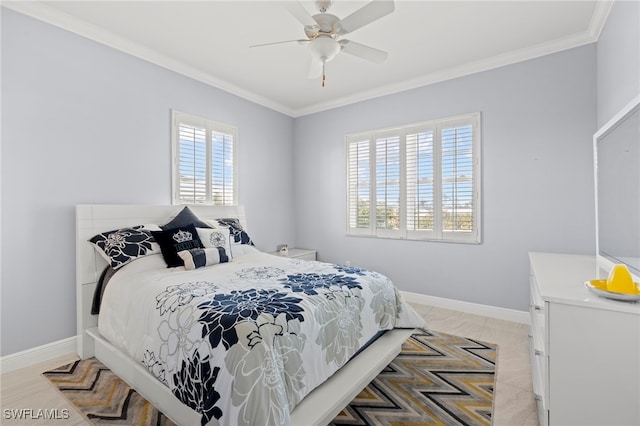 bedroom featuring multiple windows, ceiling fan, tile patterned flooring, and ornamental molding