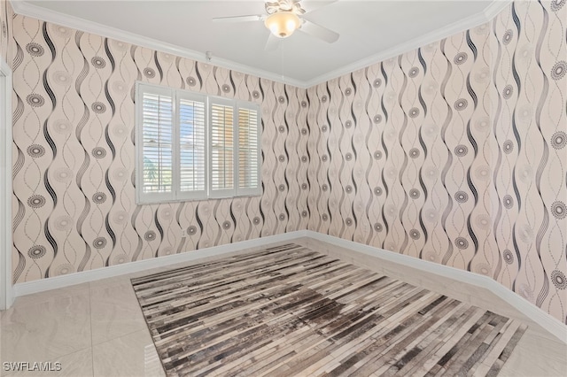 interior space featuring ceiling fan and ornamental molding