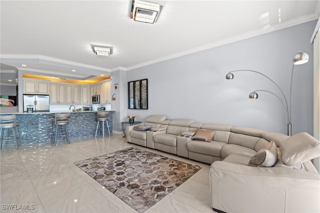 living room featuring sink and ornamental molding