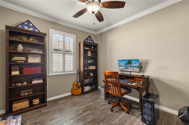 office space featuring ceiling fan, dark hardwood / wood-style floors, and crown molding