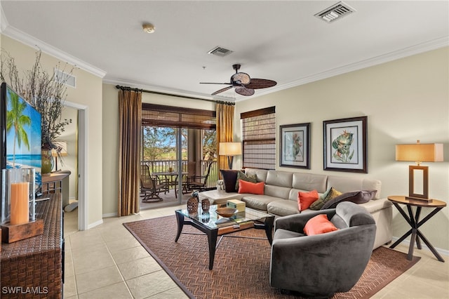 living room with ceiling fan, light tile patterned floors, and crown molding