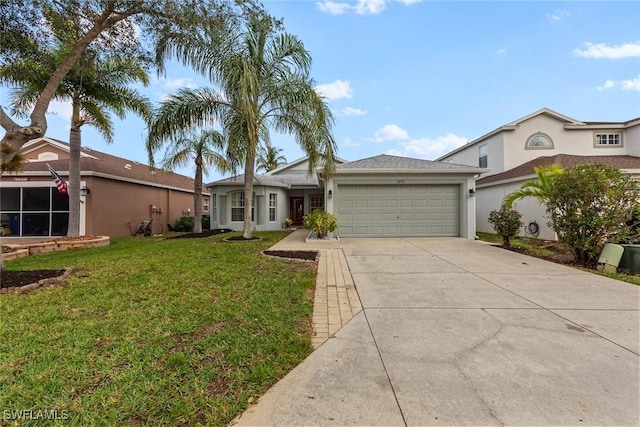 ranch-style house with a front lawn and a garage