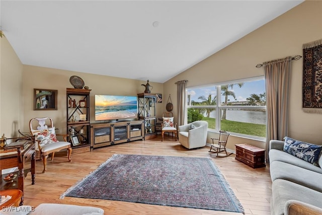 living room featuring light hardwood / wood-style floors and vaulted ceiling