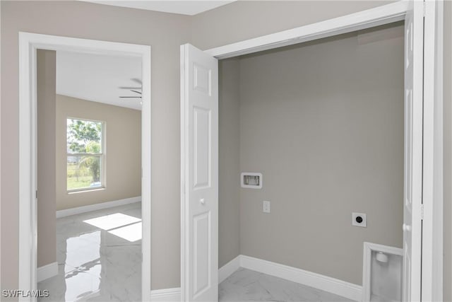 washroom featuring ceiling fan and hookup for an electric dryer