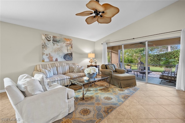 living room featuring light tile patterned floors, vaulted ceiling, and ceiling fan