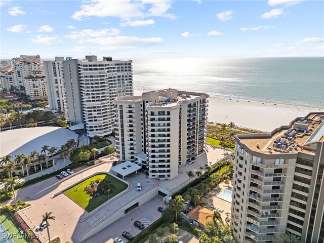 drone / aerial view with a water view and a view of the beach