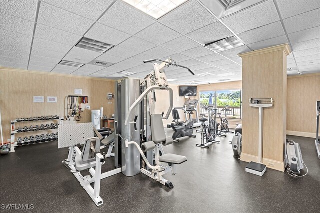 workout area with wood walls