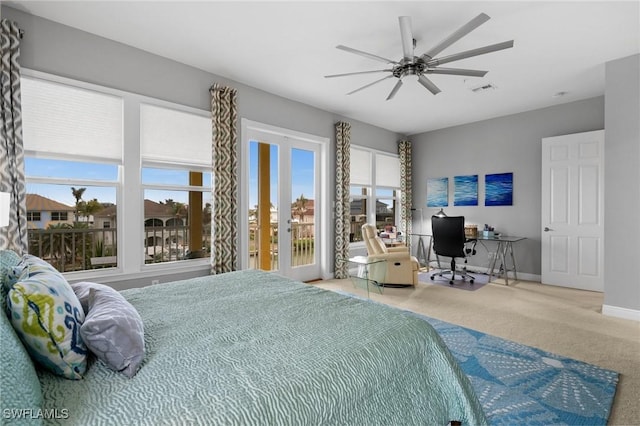 bedroom featuring french doors, carpet floors, ceiling fan, and access to outside