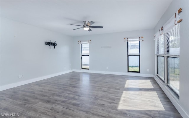 empty room featuring wood-type flooring and ceiling fan